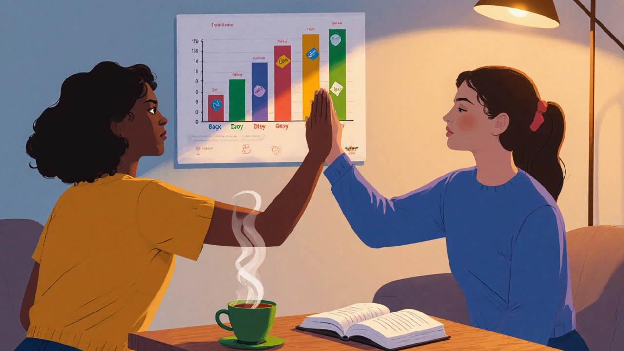 Friends celebrating with a progress board and tea in a warm home.