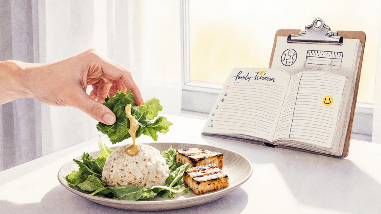 Hand assembling a balanced plate while a food journal and health tracker sit nearby in pastel tones.