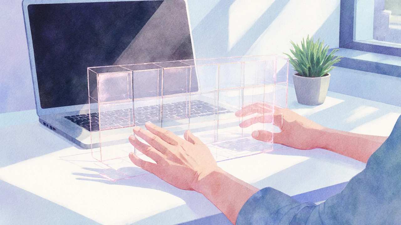 Hands practicing box breathing over a glowing grid on a desk.