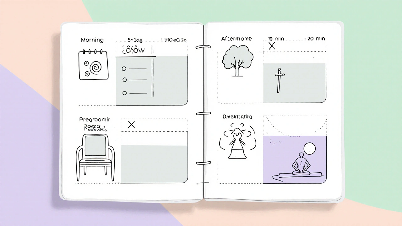Minimalist planner layout illustrating a day&#039;s calmness routine with icons for breathing, gratitude, nature walk, muscle relaxation, yoga, and meditation.