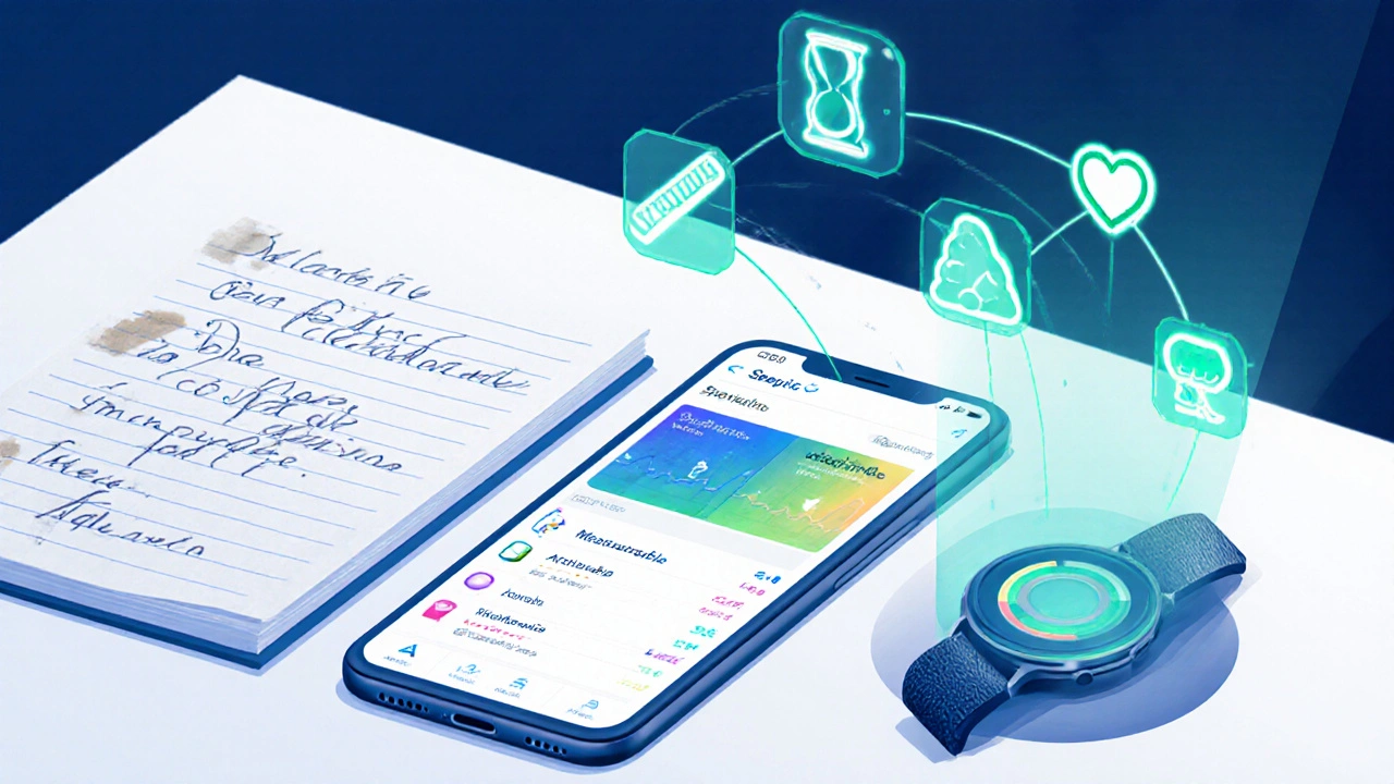 Paper journal, smartphone app, and smartwatch displayed with SMART icons.
