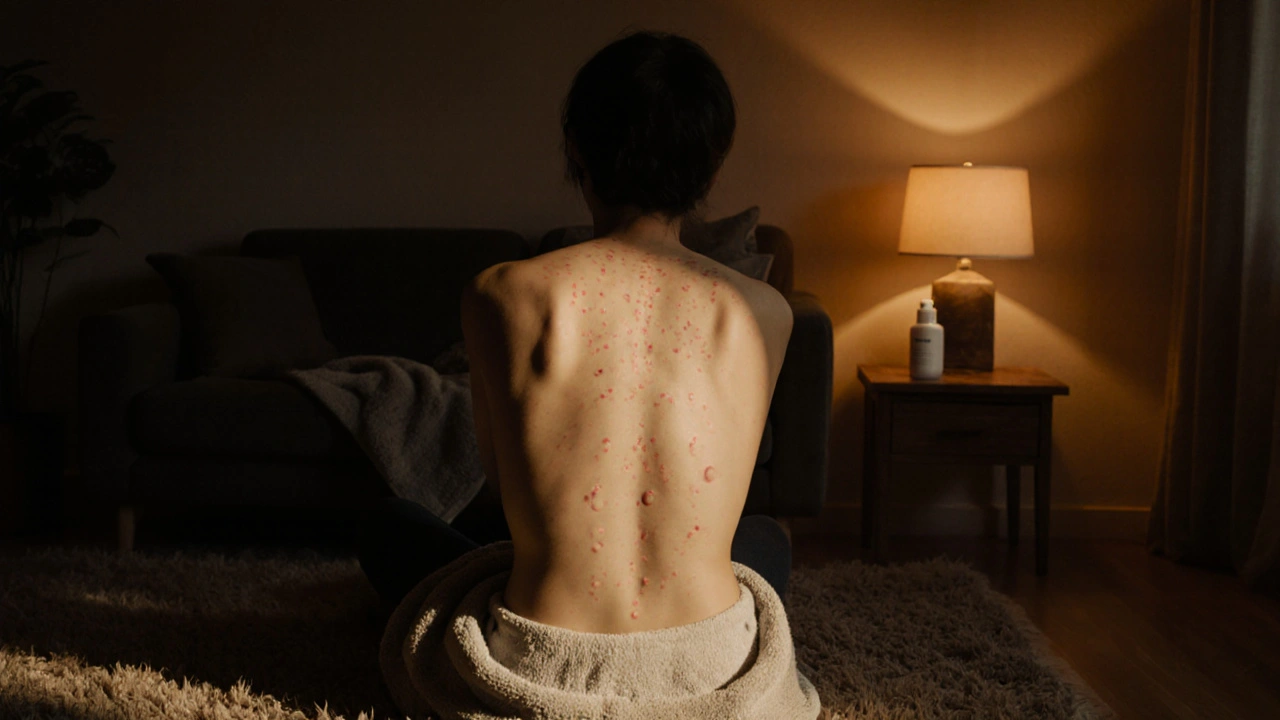 Person at home relaxing with faint cupping marks on the back under warm lamp light.