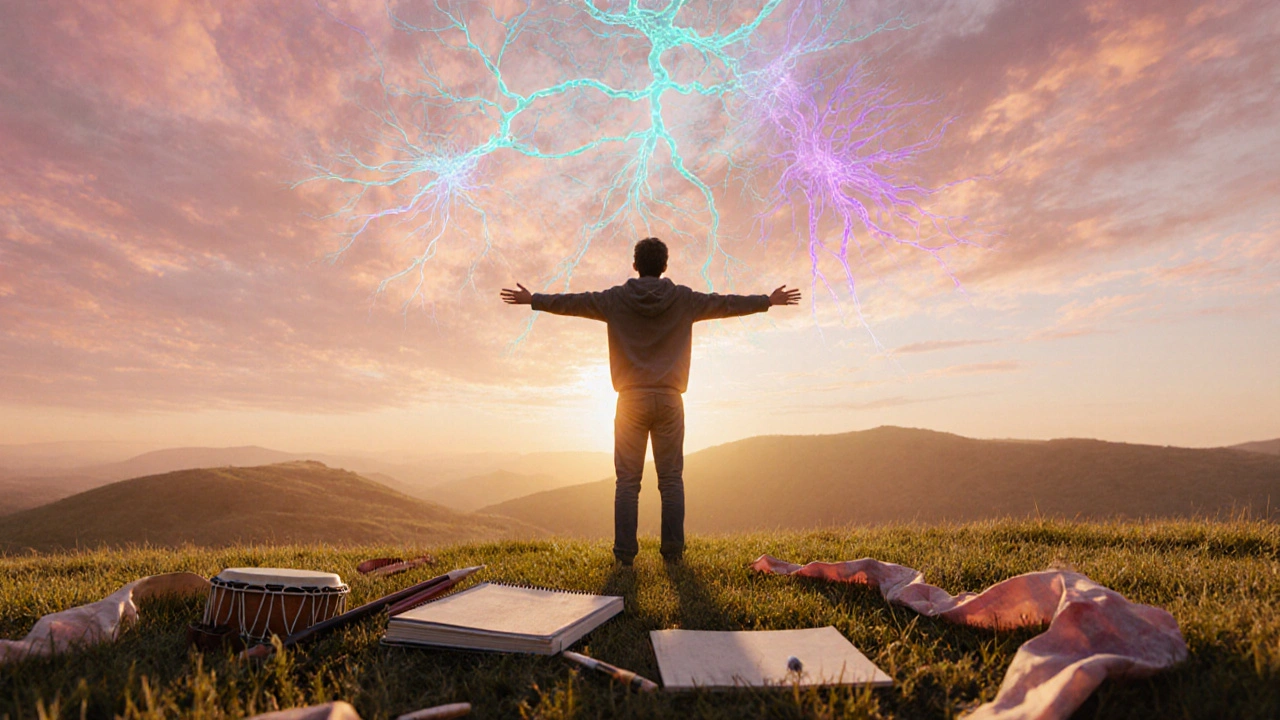 Person on a sunrise hill with glowing brain pathways and scattered creative tools.