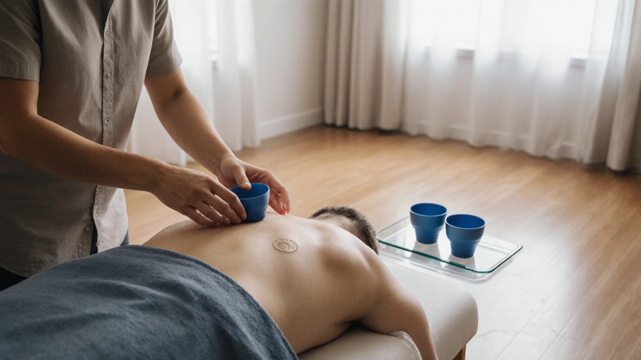 Therapist applying a silicone dry‑cupping cup to a client's back in a bright studio.