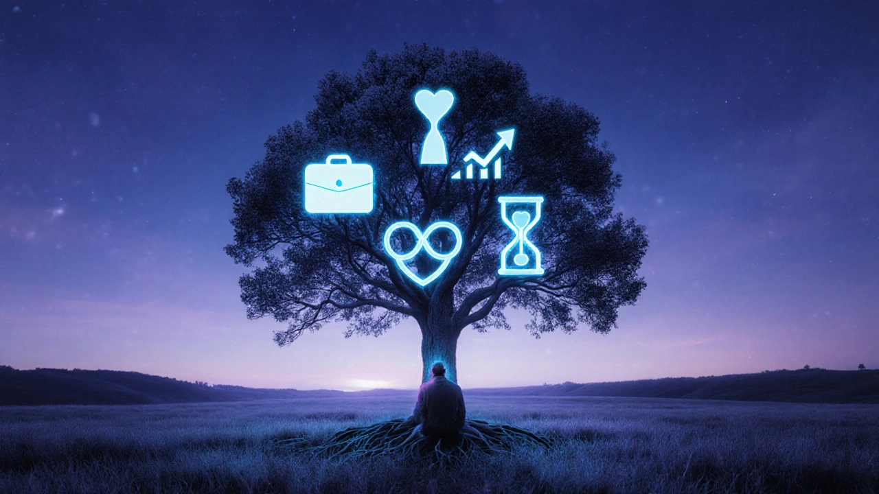Tree with roots forming symbols of career, relationships, finance, and longevity.