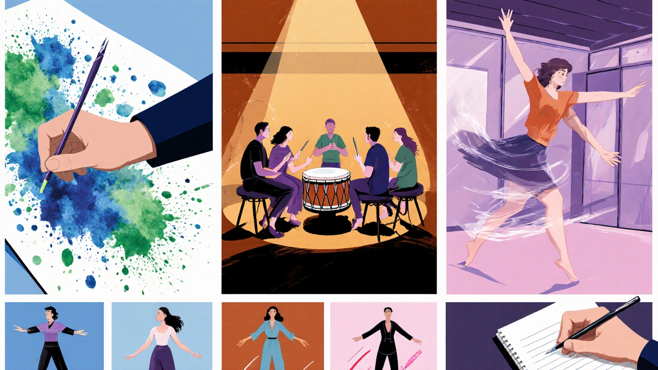 Triptych of art, music, dance, drama, and writing therapy activities with vibrant colors.