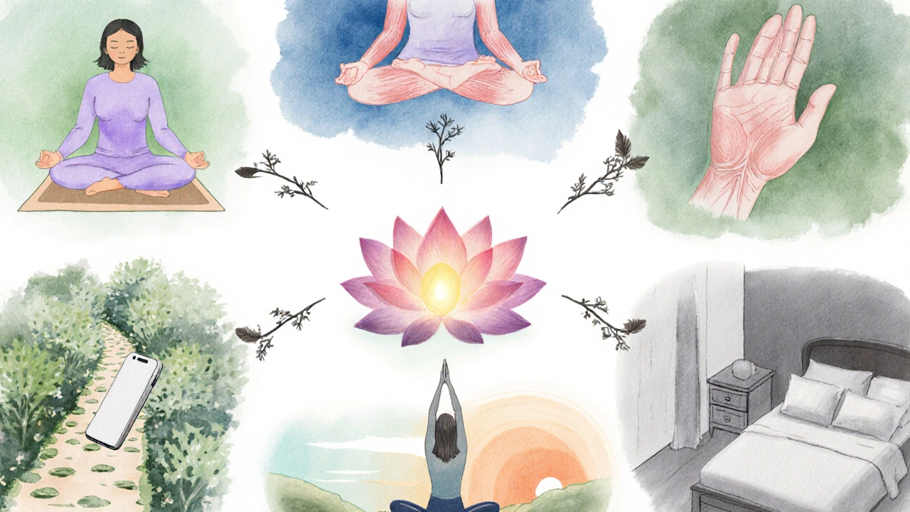 Watercolor garden collage depicting meditation, breathing, muscle relaxation, yoga, nature walk, digital detox, gratitude journal, and sleep.