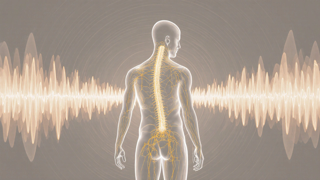 A glowing human silhouette with golden neural lines showing tension releasing into calm.