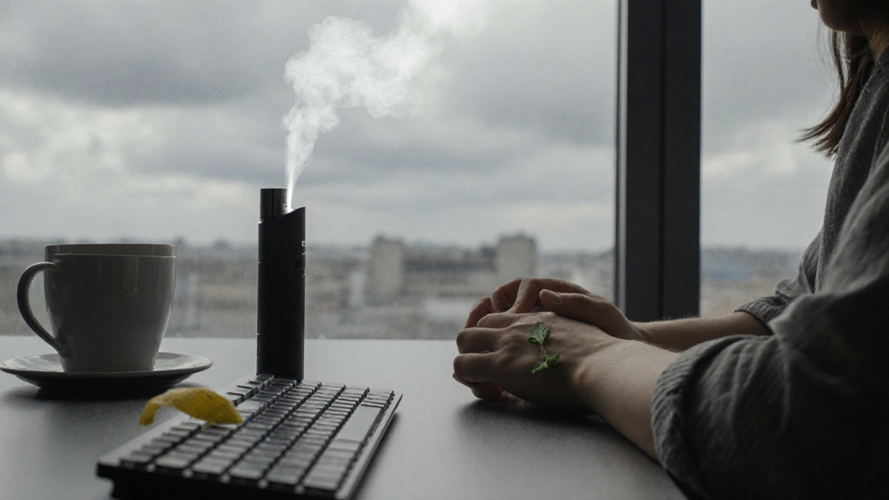A personal inhaler on a desk beside a keyboard, person closing eyes in focused calm.