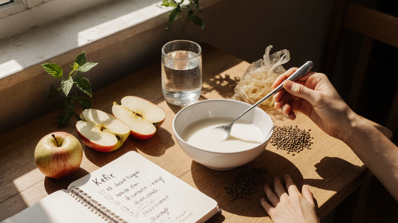 A wooden table with gut-healthy foods: kefir, apples, sauerkraut, and flaxseeds, bathed in morning sunlight.