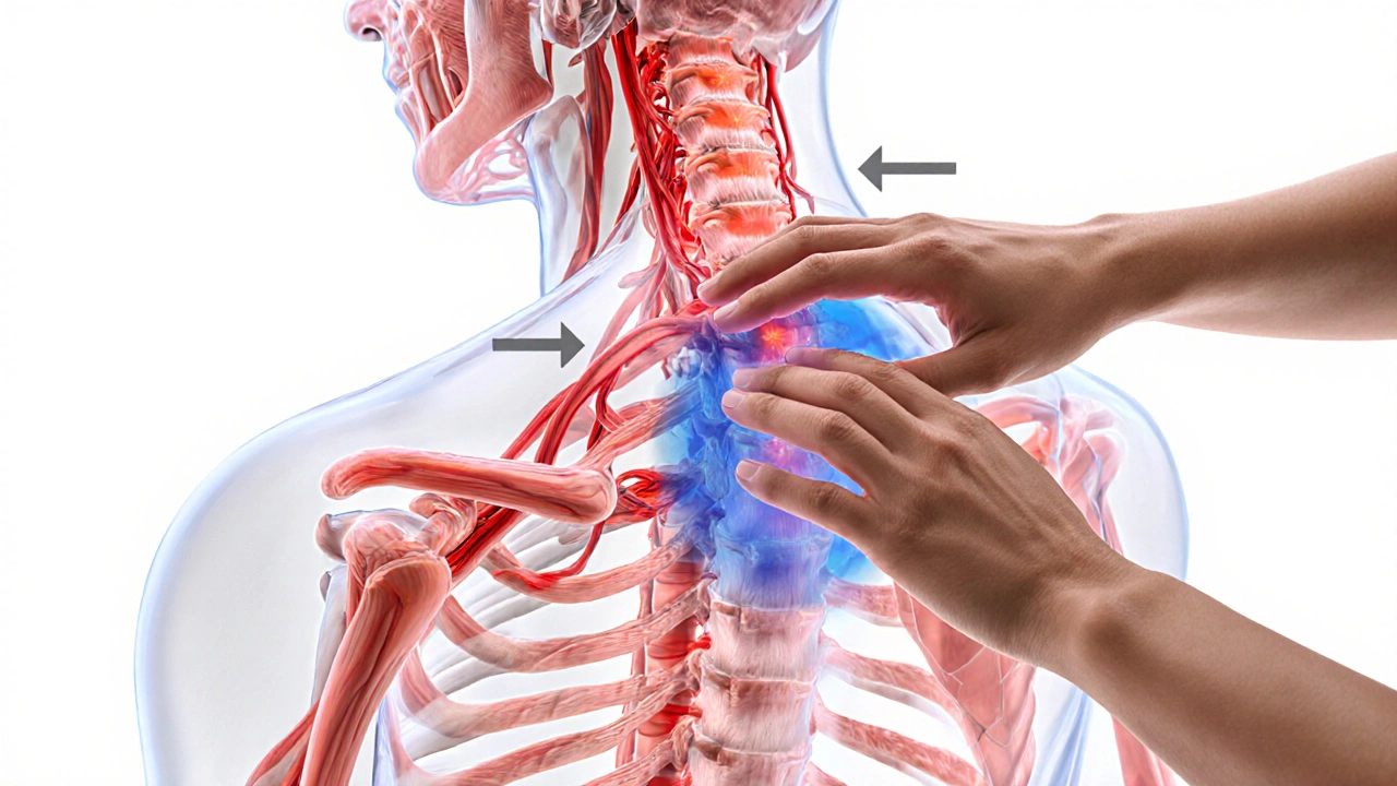Anatomical diagram showing increased blood flow and reduced inflammation from massage therapy.