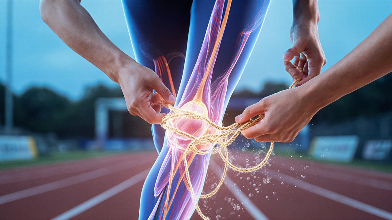 Anatomical illustration showing improved blood flow and reduced muscle tension in a runner after massage.