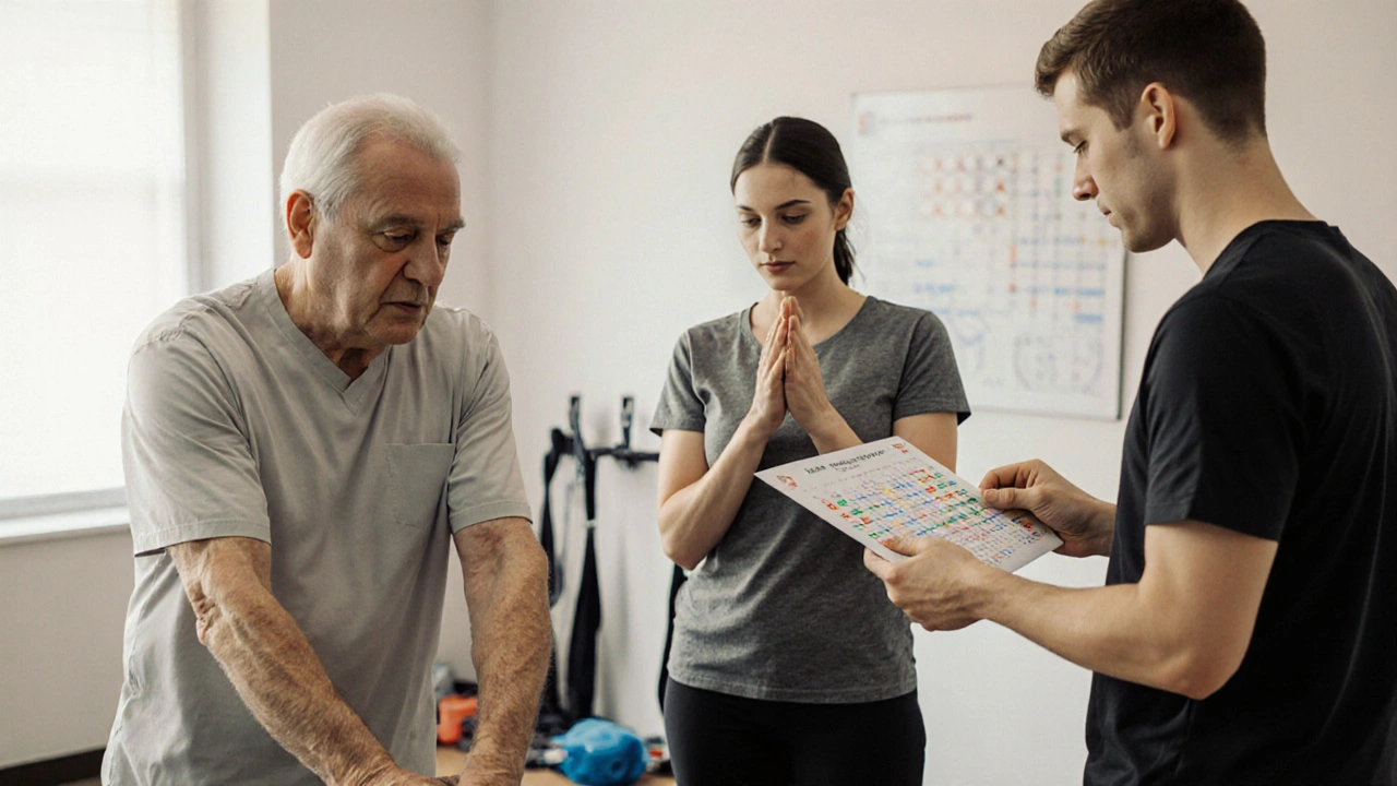 Diverse patients receiving integrated care with massage therapist and physiotherapist.