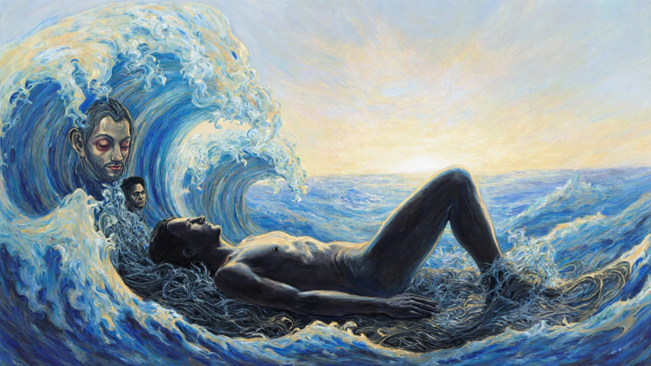 Ethereal energy waves rise from a person’s body during lomi lomi, dissolving emotional tension into light and merging with the ocean horizon.