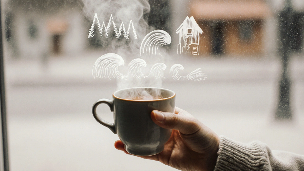 Hand holding warm teacup, steam rising into abstract nature scenes, soft blurred background.