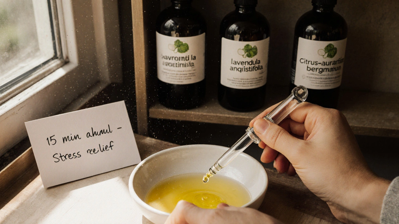 Hands blending bergamot oil with carrier oil, labeled essential oil bottles in the background.