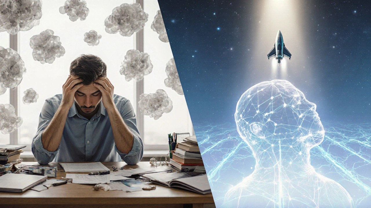 Split image contrasting mental clutter with calm, clear focus during biofeedback practice.