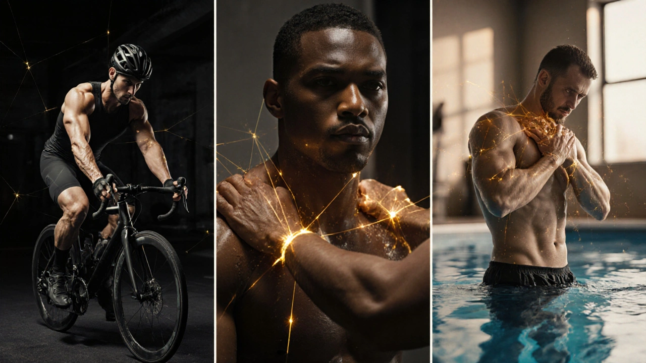 Three athletes from different sports receiving massage, connected by golden threads symbolizing recovery benefits.