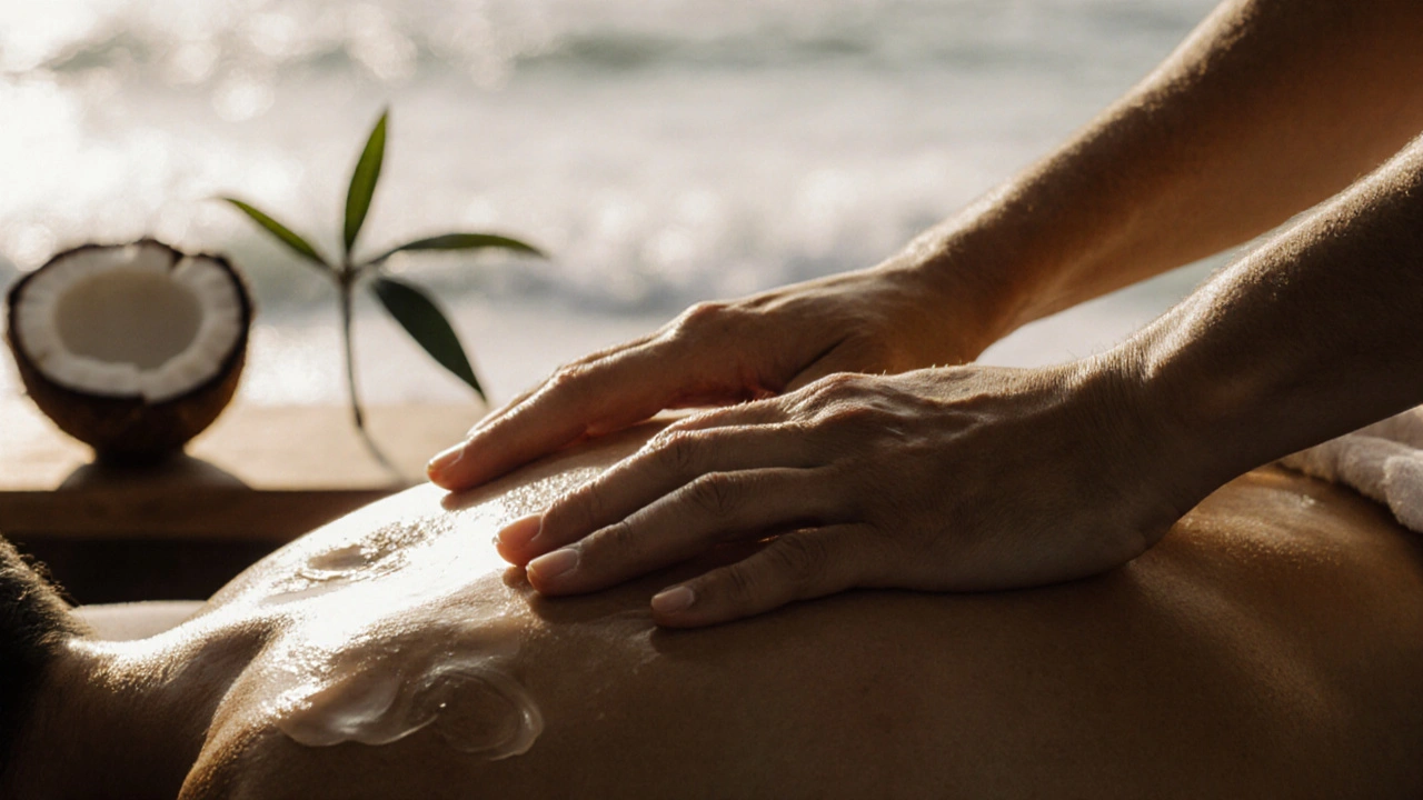 Two hands moving in perfect symmetry across a back, gliding with oil, as ti leaves and ocean light surround the scene.