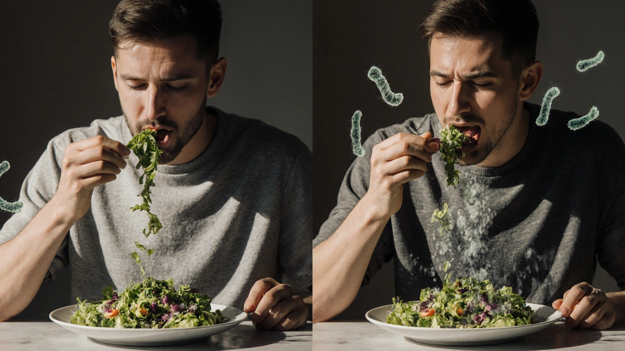 Two people eating the same salad—one energized with healthy gut, the other fatigued with imbalanced microbiome.