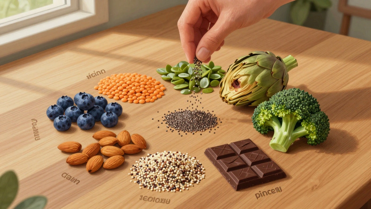 A colorful array of plant foods arranged on a wooden table, symbolizing dietary diversity for gut health.