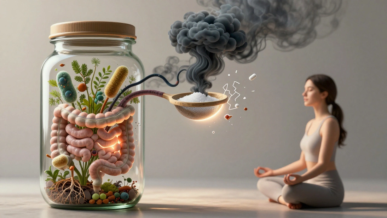 A glass jar ecosystem with healthy microbes thriving as stress and sugar are filtered out, beside a calm person meditating.