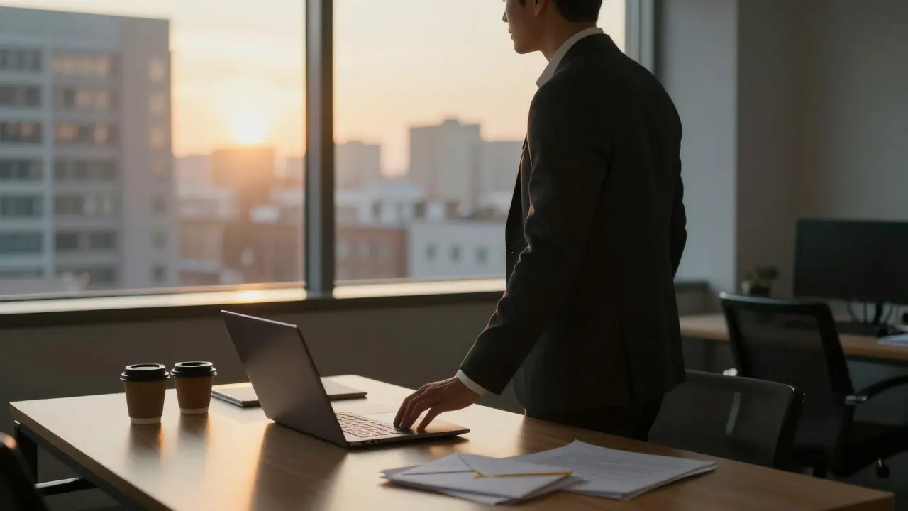 A leader stands by a window at dawn, overlooking a cluttered desk in quiet reflection.