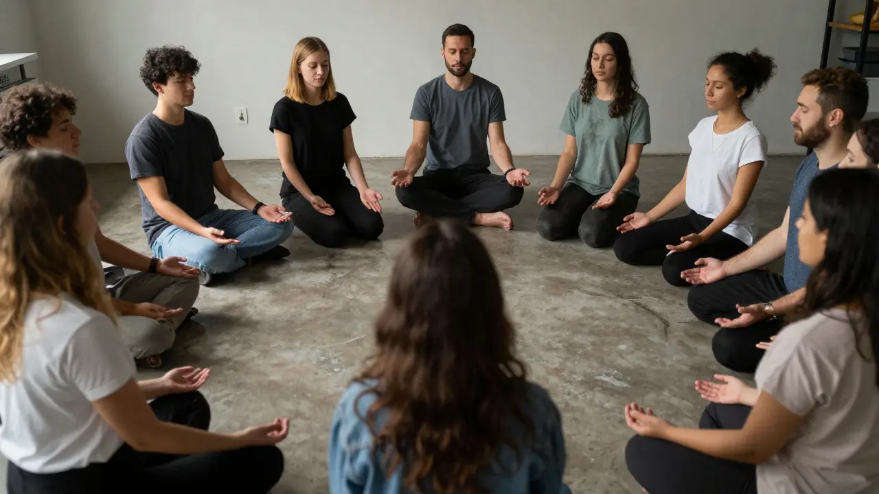 A team sits in silent unity during a meeting, sharing a moment of shared presence.