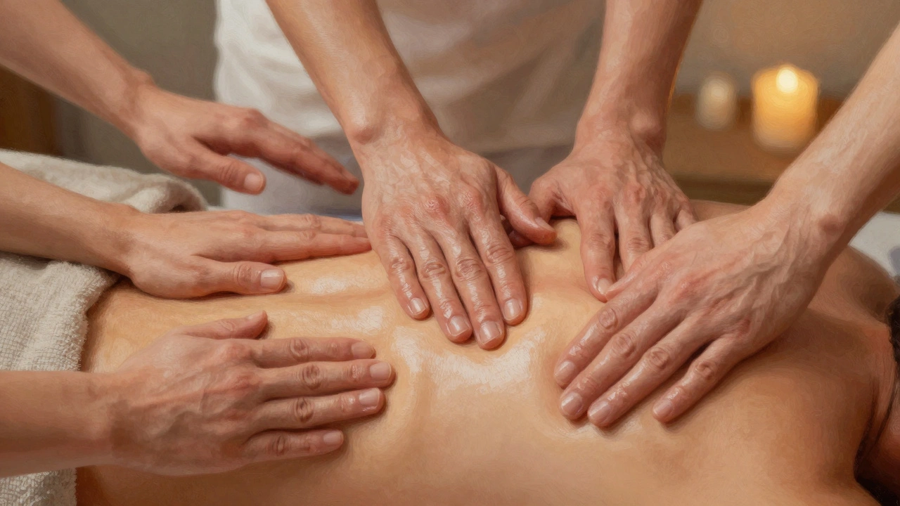 Close-up of five different massage hand techniques: gliding, kneading, friction, tapping, and vibration on skin with oil.