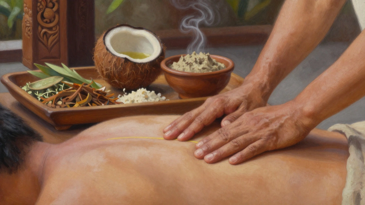 Close-up of hands performing acupressure on a back, with herbal paste and oil nearby, traditional carvings in the background.