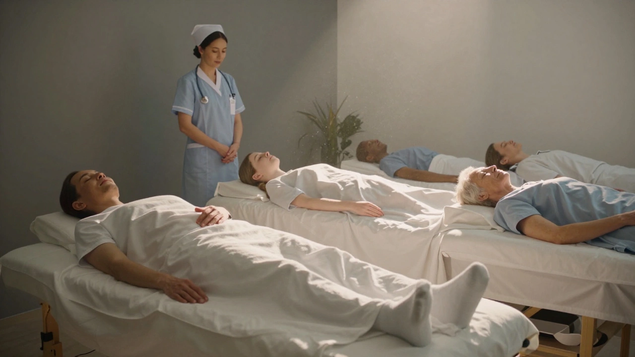 Five diverse people relaxing peacefully on massage tables in a serene spa setting, all covered with sheets.
