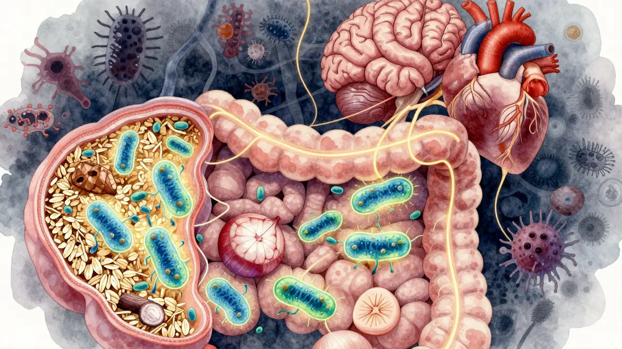 Illustrated gut microbiome with healthy bacteria thriving on prebiotic foods, connected to brain and heart.