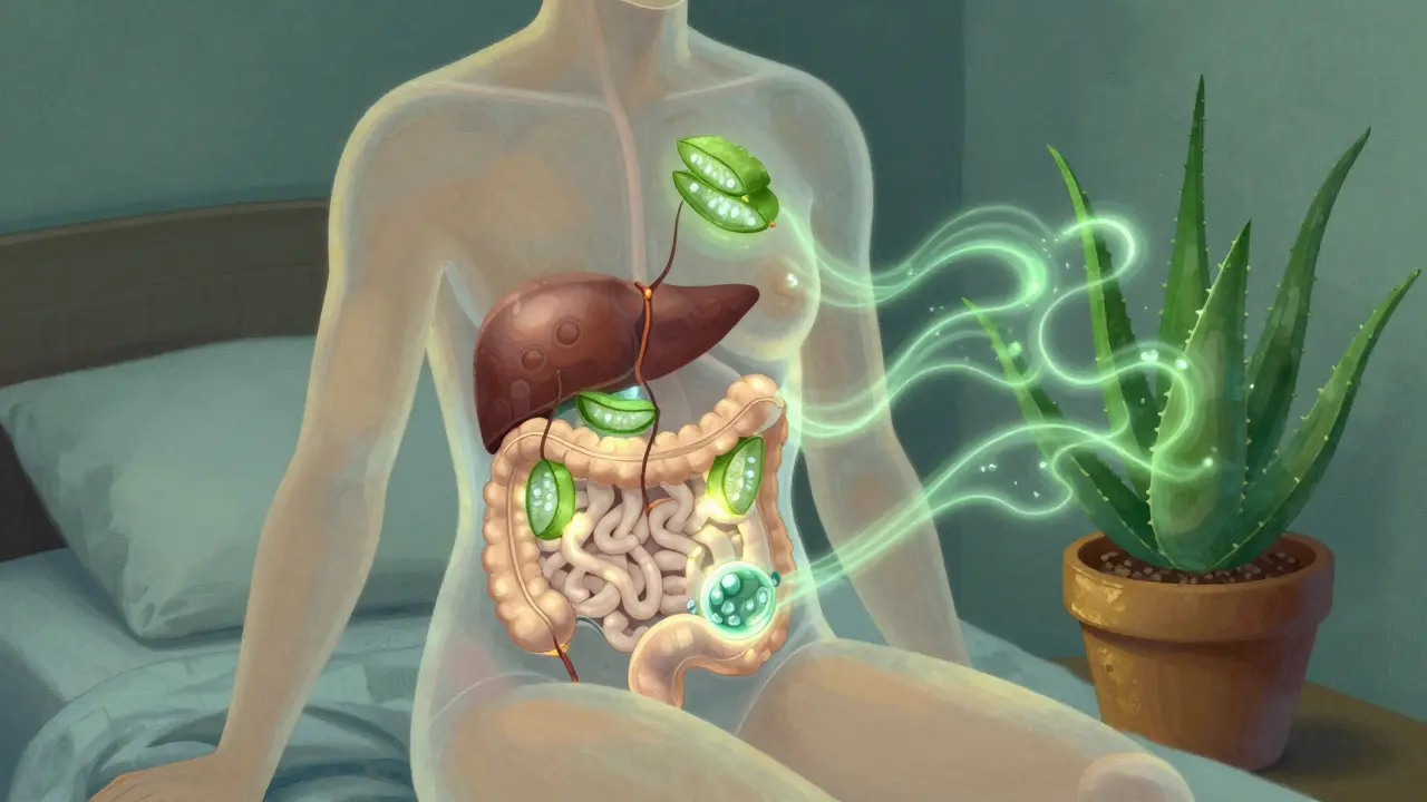 Abstract illustration showing aloe vera's healing effects inside the human body