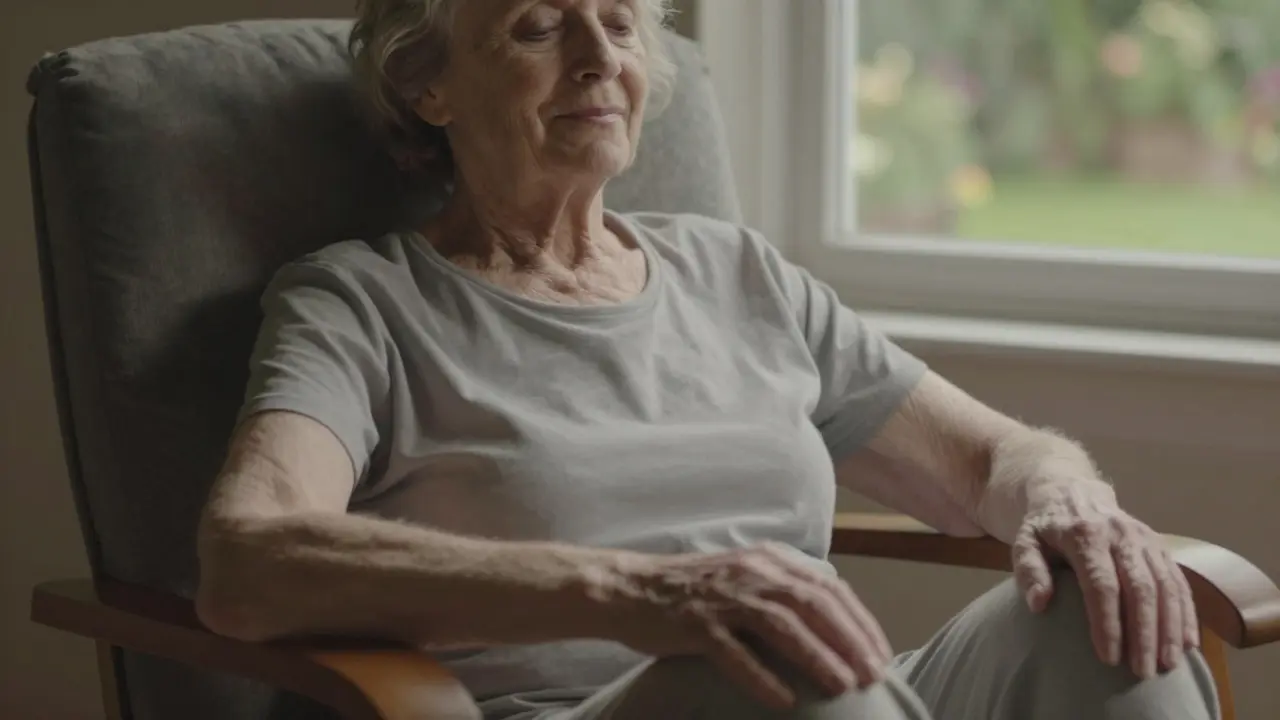 An elderly woman sitting calmly in a chair, gently rocking her shoulders with ease and quiet joy.