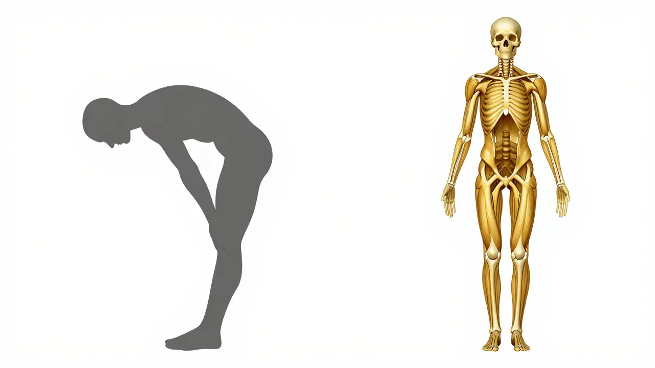 Contrasting human silhouettes showing misaligned vs. balanced posture with fascial connections