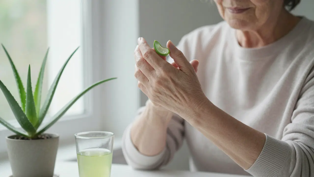 Elderly woman applying aloe vera gel to her joints by a sunny window