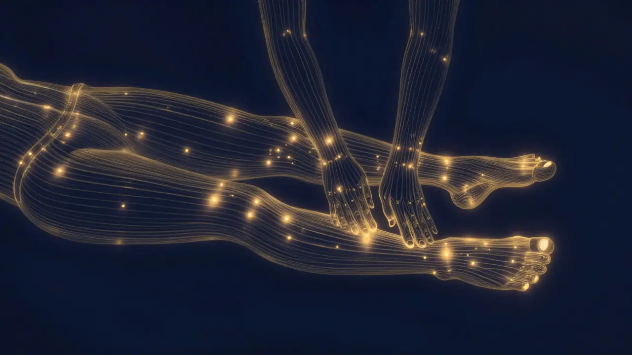 Golden energy lines glowing beneath a human silhouette, representing sen lines used in Thai bodywork therapy.