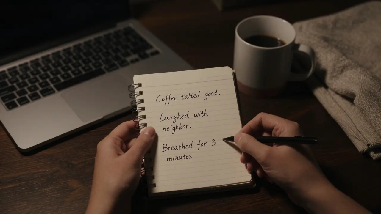 Hand writing three small positive moments in a nighttime journal.