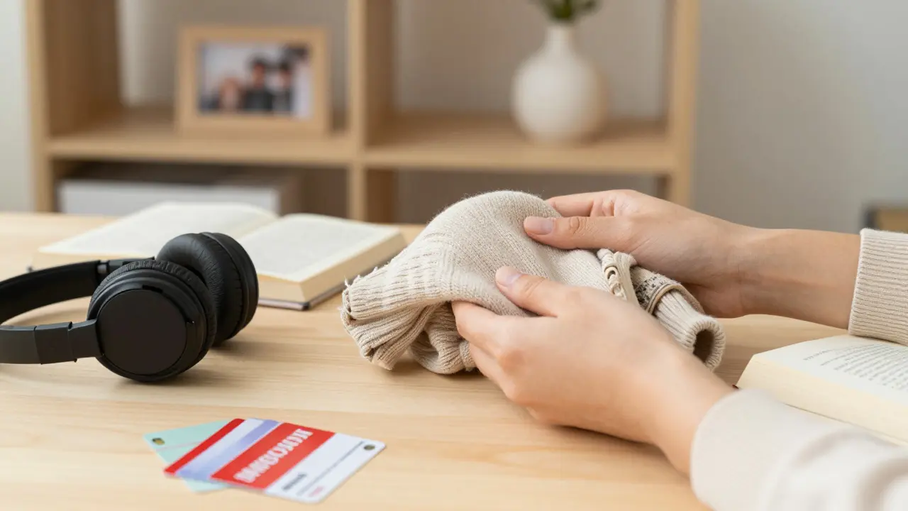 Hands holding items to declutter on a clean surface with a tidy background.