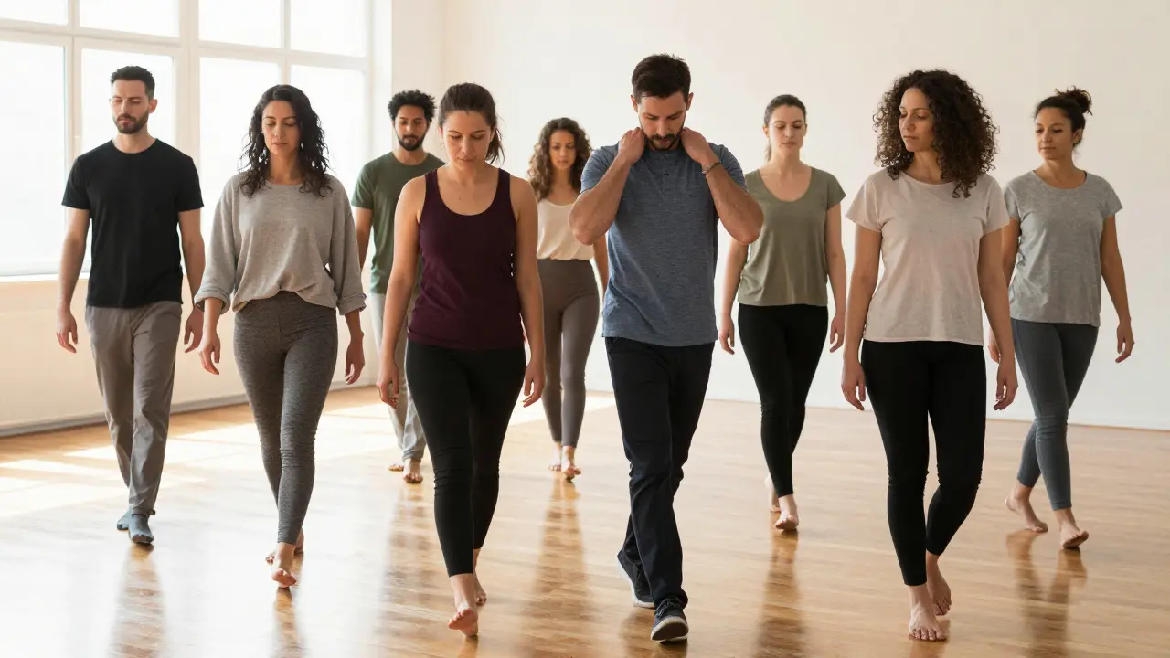 People walking mindfully in a studio, practicing posture awareness after Hellerwork