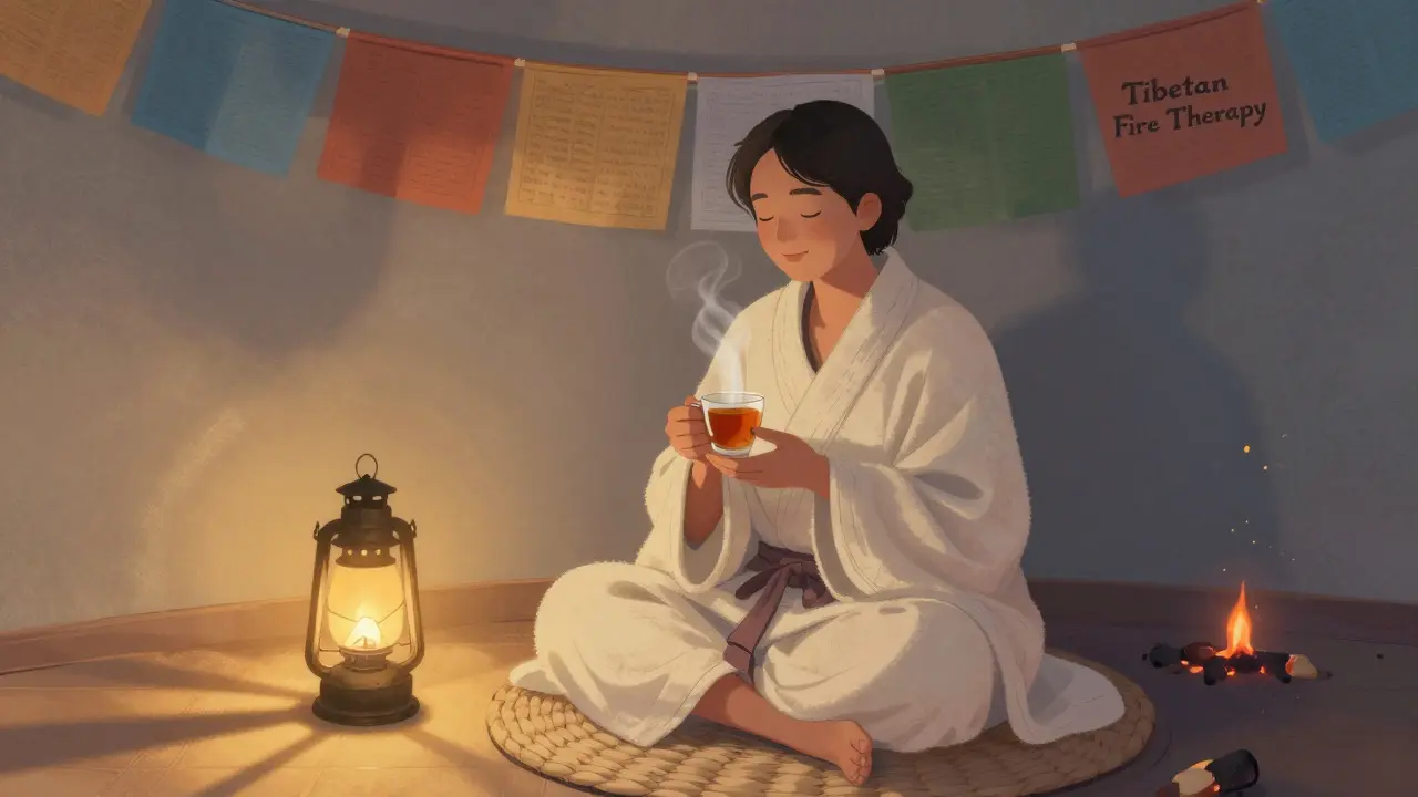 Person sitting calmly after a fire massage, wrapped in a robe, sipping herbal tea in a peaceful spa setting.