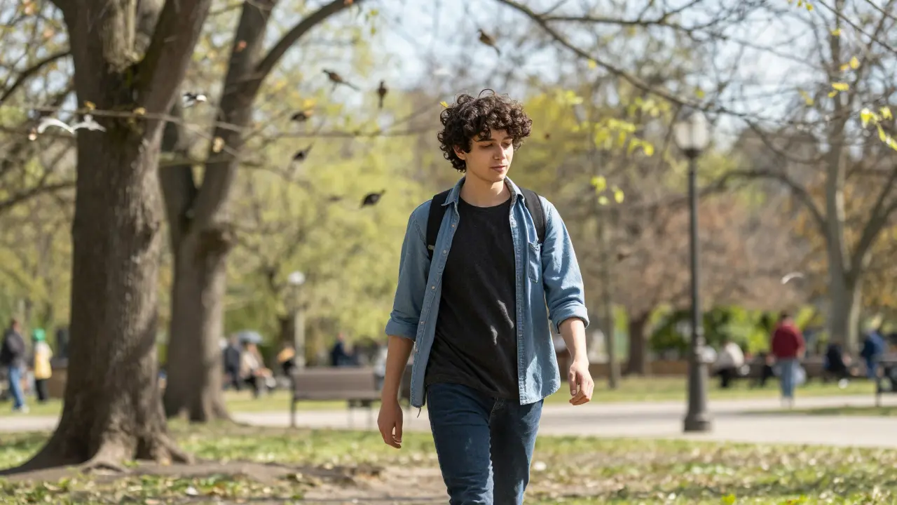 Someone walking peacefully in a park without headphones, surrounded by nature.