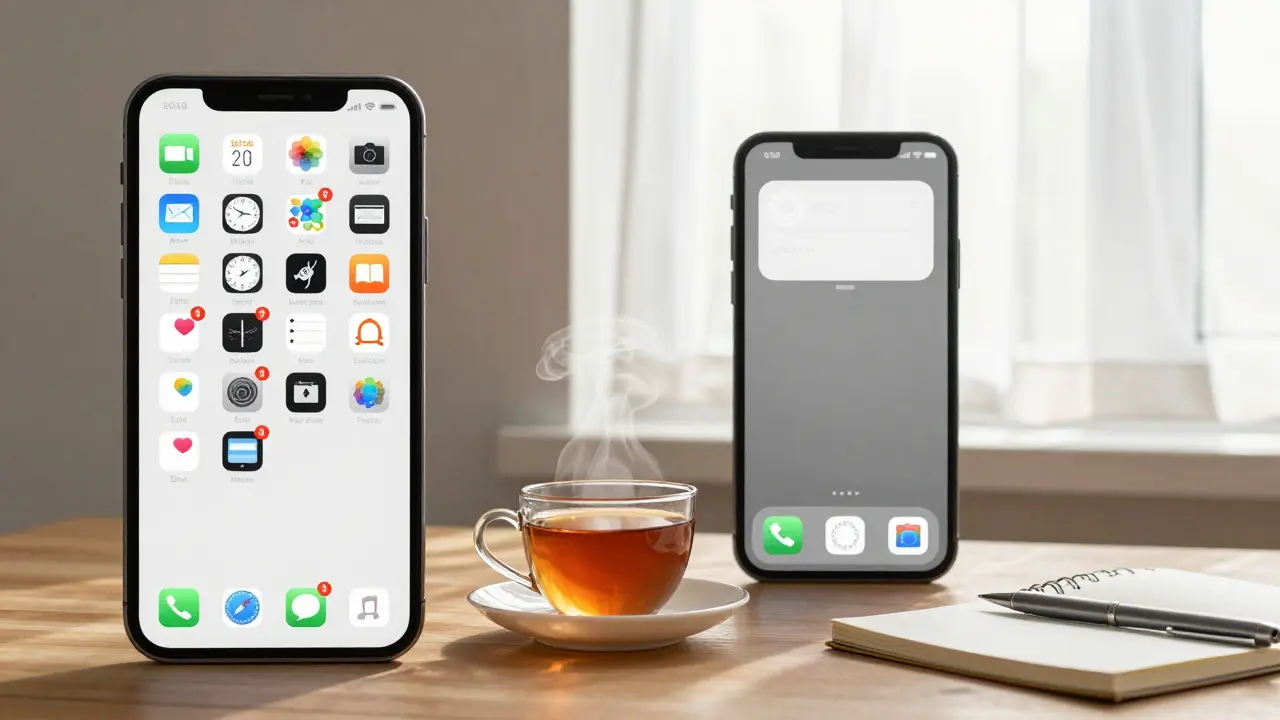 Split image of a cluttered phone versus a simplified one beside a peaceful desk.