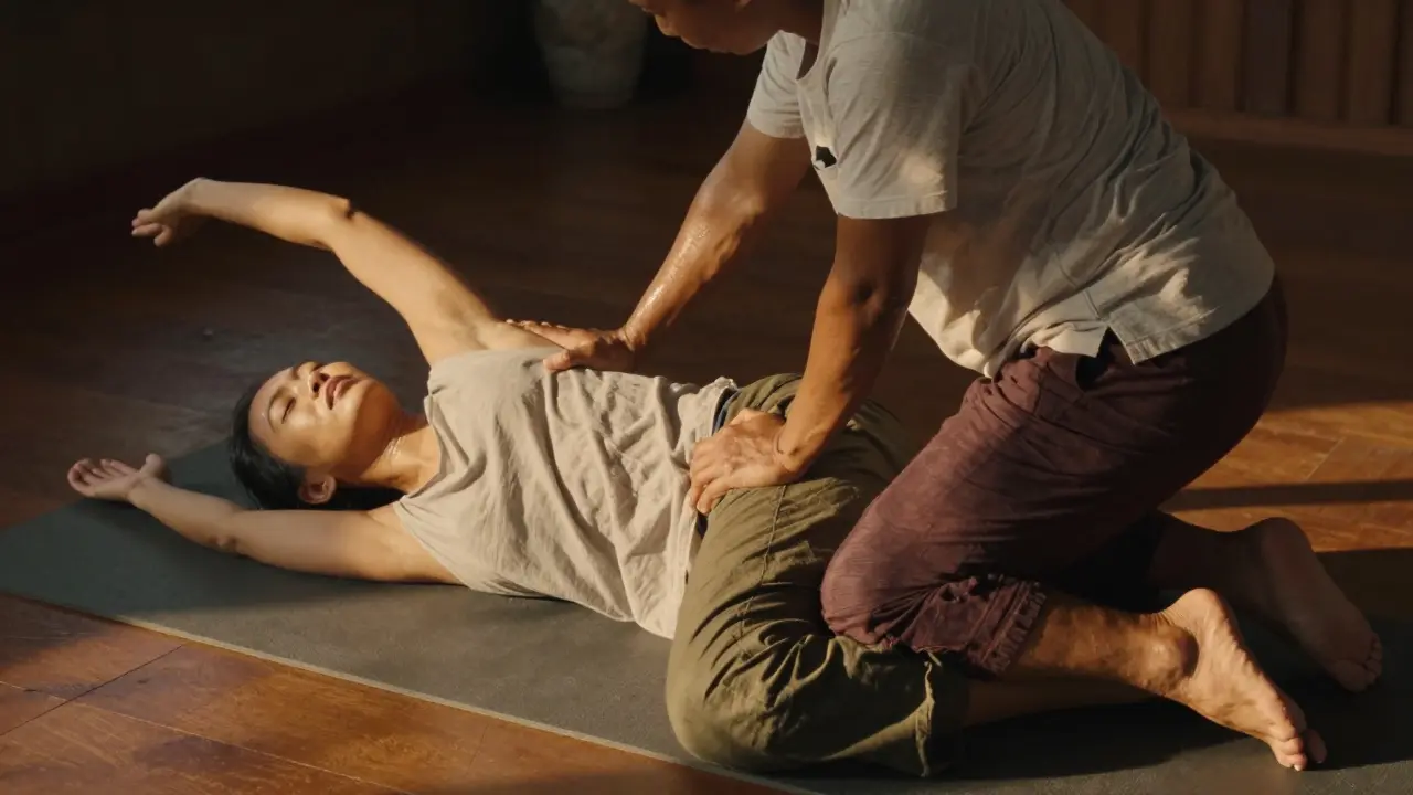 Thai bodywork therapist using knee and hands to stretch a client lying on a mat, both fully clothed in natural fabrics.