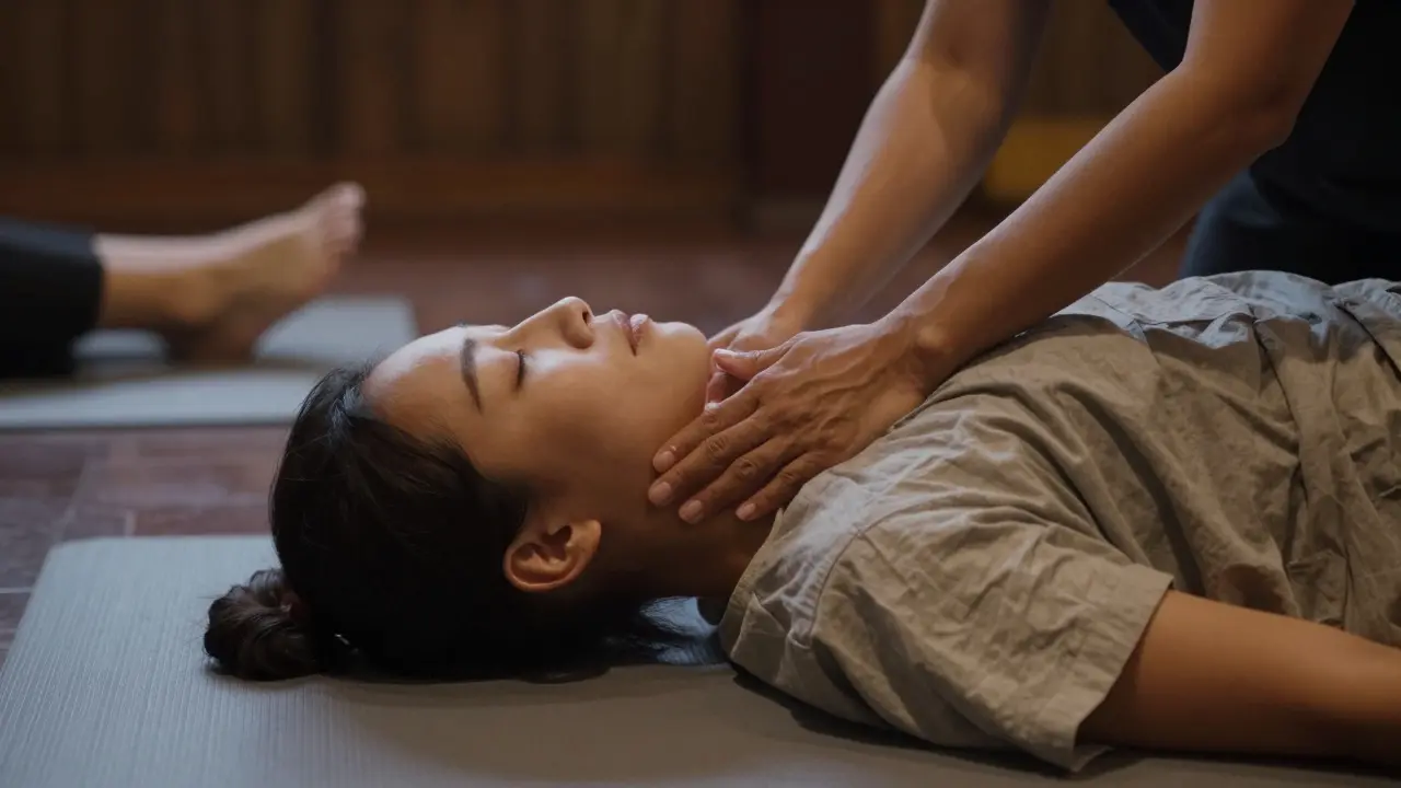 A practitioner gently rocks a client's torso and rests a hand on their forehead at the end of a Thai bodywork session.