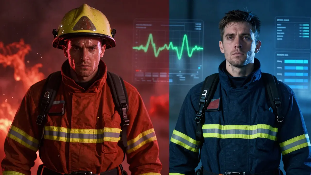 A split image showing a person transitioning from stress to calm, with biofeedback data overlays illustrating physiological changes.