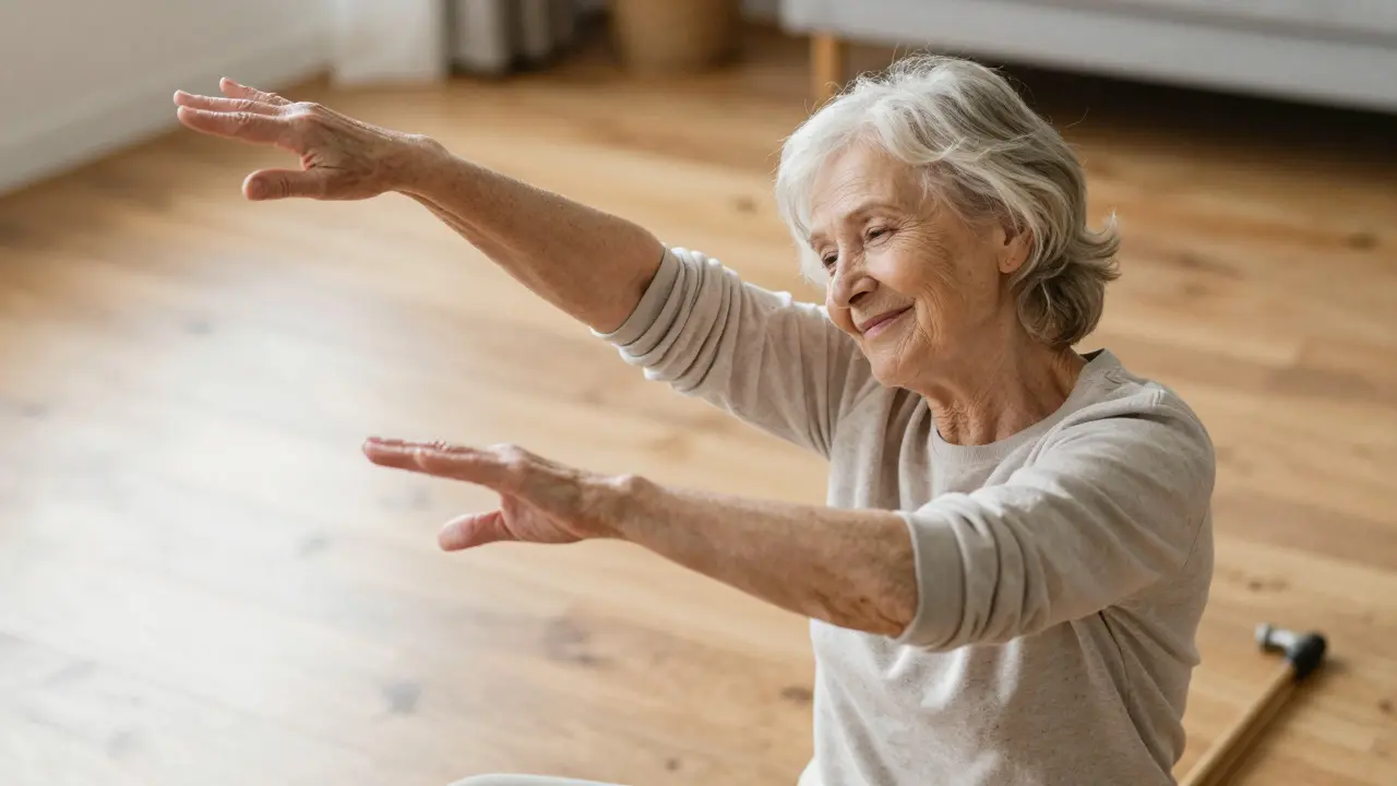 An older woman performing mentastics at home, her fingers floating gently, radiating ease and renewed mobility.