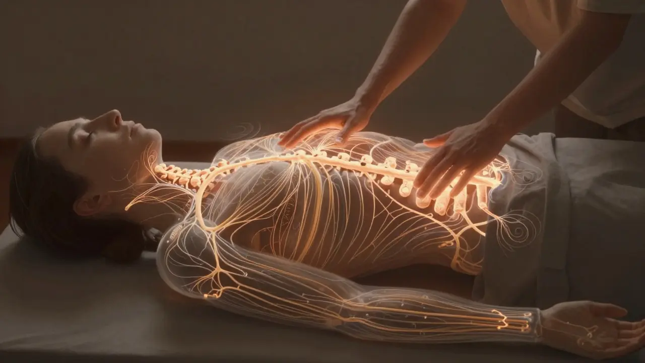 Artistic depiction of nervous system pathways responding to gentle Trager therapy movements, with glowing ripples around the body.