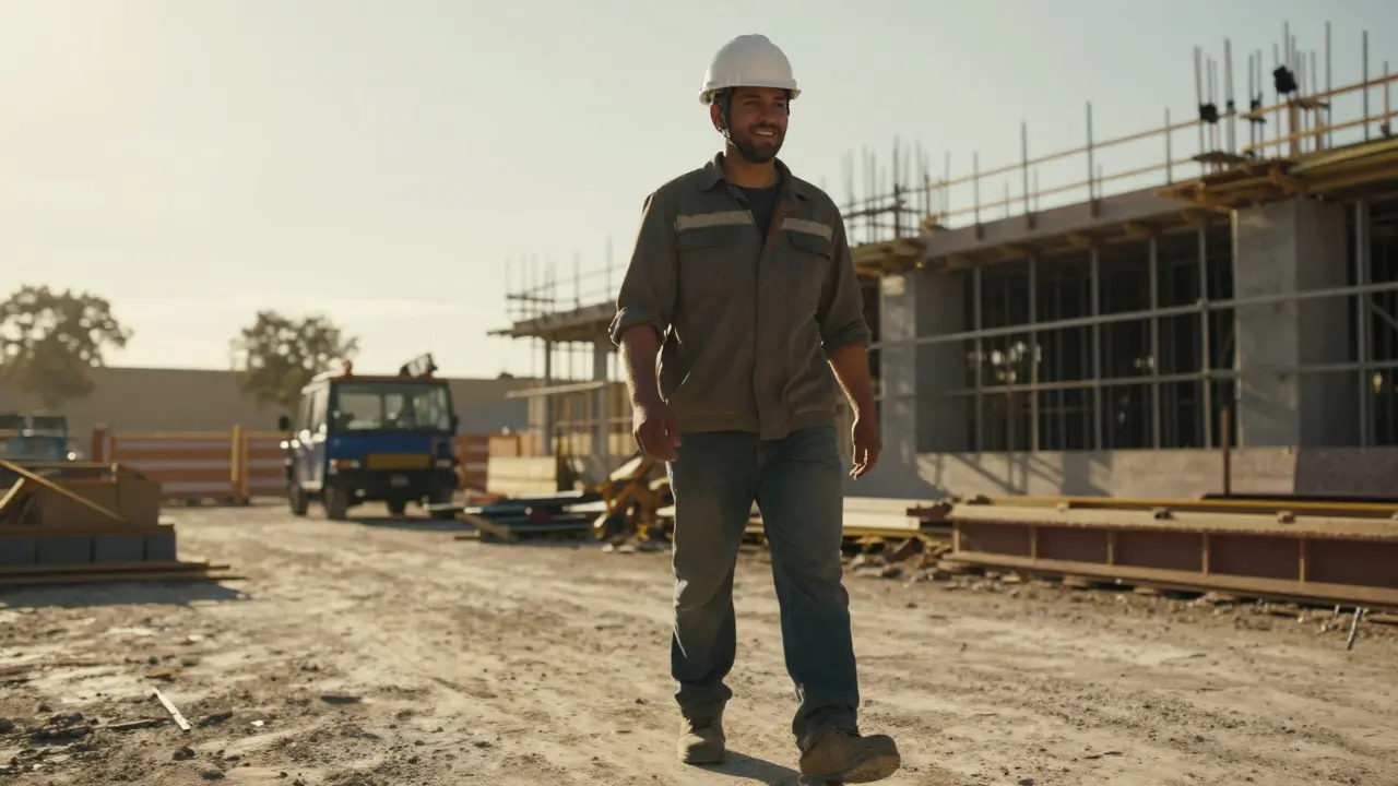 Construction worker walking confidently on a worksite.