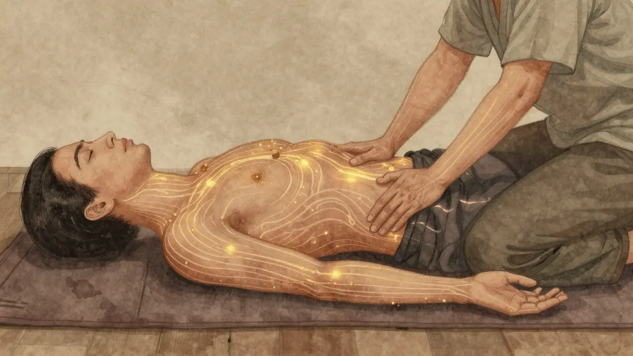 Glowing energy lines flow across a human body during Thai bodywork, with hands pressing along key points in a traditional healing style.